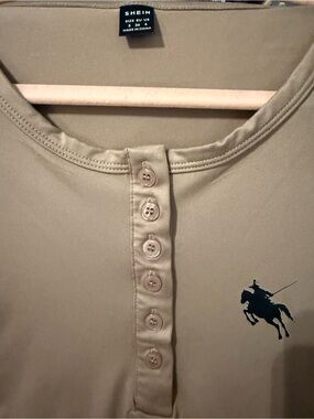 Beige Henley Long Sleeve Top | Size Small | Fitted Neutral Basic | SHEIN